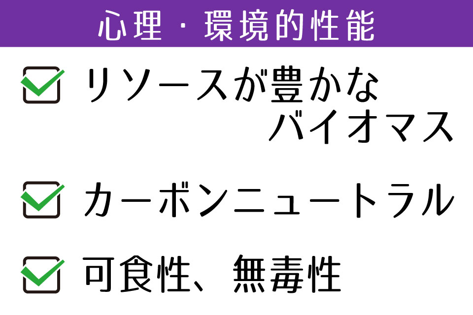 リソースが豊富なバイオマス／カーボンニュートラル／過食性、無毒性